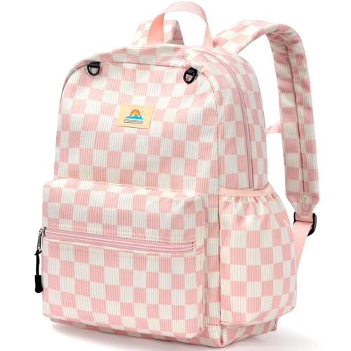 Image of STEAMEDBUN Corduroy Kids Backpack for Girls and Boys 5-8: Girls Backpack for Elementary Kindergarten - 15 inch Cute Backpacks for Kids - Checkerboard