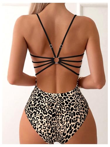 WDIRARA Women's Leopard Print One Piece Swimsuit Cut Out Backless Monokini Ring Linked Bathing Suit2