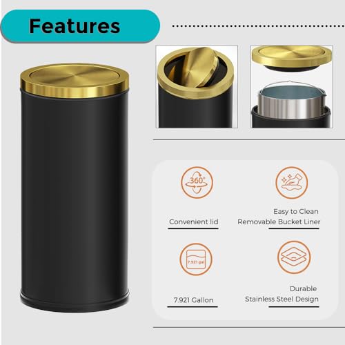Image of 7.92 gallon /30L Kitchen Trash Can with Lid,Tall Slim,Elegant,Black,Brushed Stainless Steel Lgarbage Can for Office,Hotel,Kitchen (30Lblack)