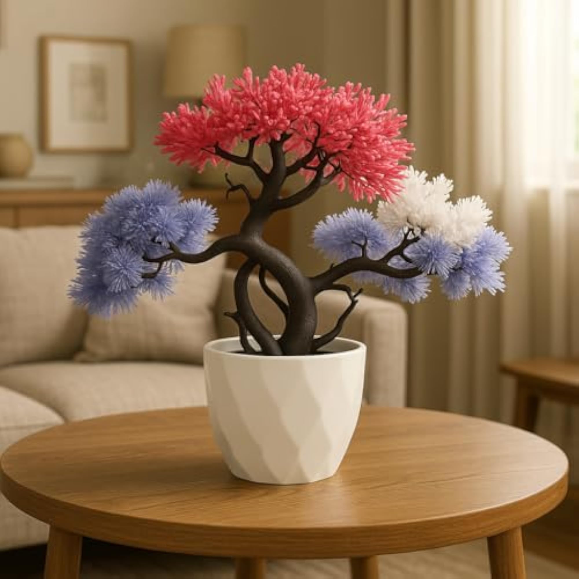 Artificial Bonsai Tree with Flowers in White Plastic Pot