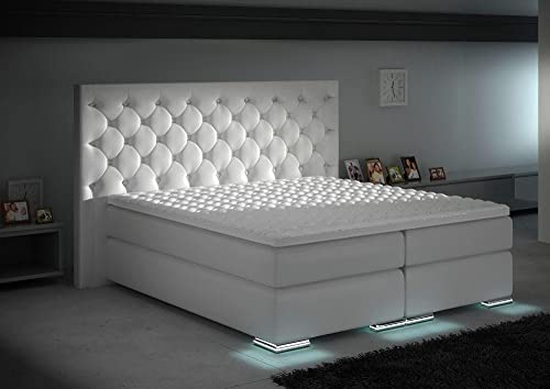 Boxspringbett Venedig Chesterfield Weiß Kunstleder LED-Fuß 180 x 200 cm
