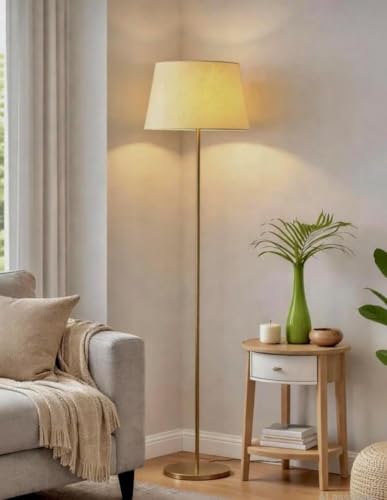 Image of Woodies & Whimsy Antique Brass Finish Standing Lamp with Fabric Shade for Living Room Bedroom Corner Decorative Lighting (Golden)