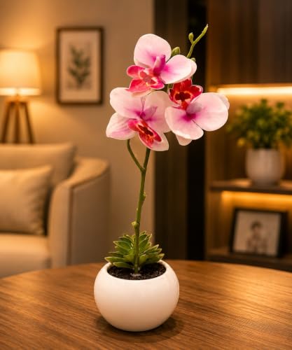 Image of LE'SIJA DECORATIONS Artificial Orchid Plant, 35cm Pink Silk Flowers Real Touch Latex Petals, 4 Bloom Heads in White Plastic Pot for Home, Wedding, Office, Tabletop Decor (Orange)