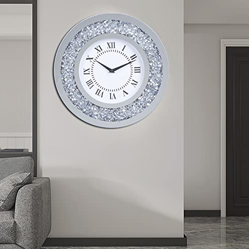 Silver Mirror Clock Crystal Sparkle Twinkle Bling Crush Diamond Mirrored Large Wall Clock For Wall Decoration Silver Glass Mirror Home Décor. Aa Battery Is Not Included. (14 Inches-Round) #TOP6