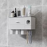 ヒュービディック HuBDIC 歯ブラシスタンド 歯ブラシホルダー 壁掛け 接着式 マグネット 歯ブラシ立て コップ立て うがいコップ 自動歯磨き粉ディスペンサー 速乾 抗菌 防カビ 省スペース シンプルデザイン 洗面所 バスルーム 収納ラック 穴あけ不要 HTH-300