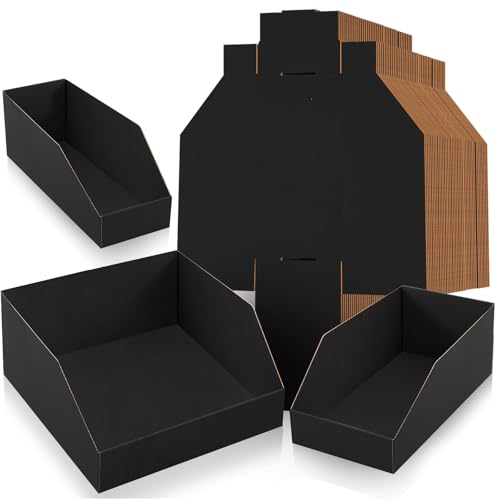 Image of Fuyoooo 30 Pack 12 x 4 /6 /8 x 4.5 Inches Cardboard Storage Bins Open Top Bin Boxes Black Corrugated Shelf Organizer Bins for Pantry, Parts, Garage, Snacks, Bottles, Cans or Warehouse Home Cubby