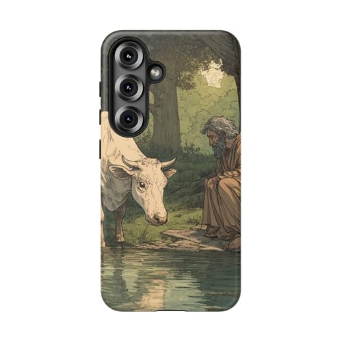 Coque Samsung S25 motif vache blanche et homme barbu style artistique
