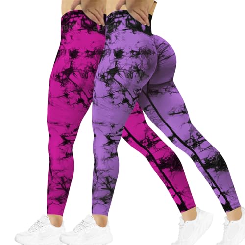 SENBAN Paquete de 3 leggings sin costuras de teñido anudado, cintura alta, control de abdomen, levantamiento de glúteos, entrenamiento, yoga, pantalones atléticos, Paquete de 2 unidades rosa morado,