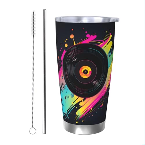 Mexpekil Vaso aislado de 20 onzas con popote y tapa, taza de café helado de acero inoxidable, taza de café helado, disco de música de neón, taza de viaje, botella de agua térmica, regalo para mujeres
