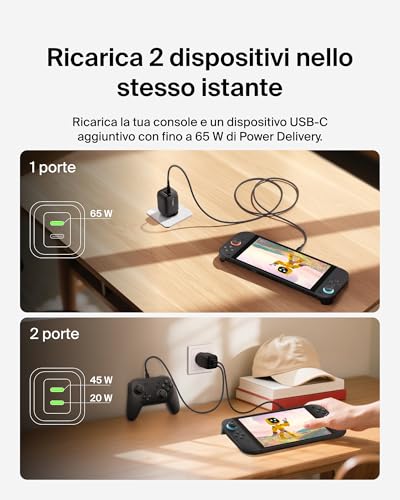 Belkin Gaming Doppio Caricatore da muro USB-C da 65W, Caricabatterie USB 3.0 rapido con tecnologia GaN per Nintendo Switch 2, iPhone 16, iPad, MacBook Air, Chromebook, Galaxy S25 Ultra e altri - Nero - Immagine 2