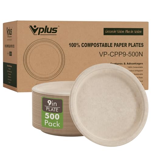 Vplus Compostable 9-inch Disposable Paper Plates (500 Pack)