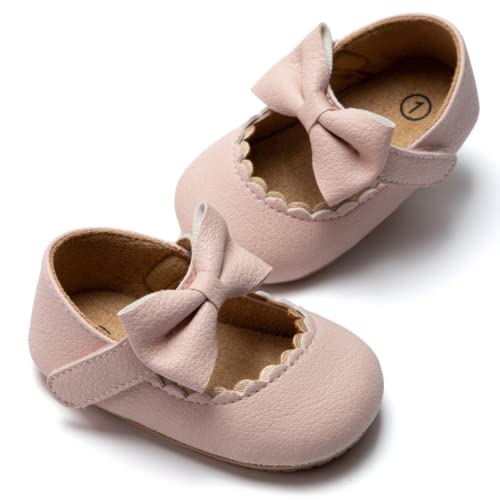 HsdsBebe Infant Baby Girls Mary Jane Flats Bow Non-Slip Soft Sole Princess Toddler First Walkers Sneaker Wedding Dress Shoes(HM1628 Pink,3)