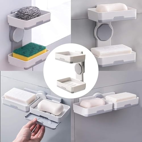 Image of Wall Mounted Double Layers Soap Dish Saver with Drain Tray, Adhesive Sponge Holder No-Drilling Soap Holder for Shower Bathroom Kitchen