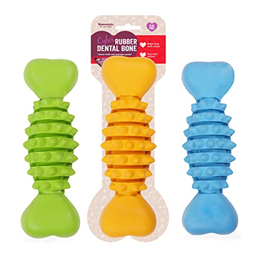 Rosewood Cyber Rubber Dental Bone for Dogs - Tough, Chew-Resistant Dog Toy - Non-Toxic Rubber - Supports Dental Health - Interactive Chewing and Play – Assorted Colours (1pc)