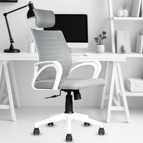Image of MRC Boom Mesh Ergonomic Desk Office Chair with 3 Years Warranty & DIY Assembly,Tilting Mechanism, Comfortable Seat and Revolving Nylon Base Ideal for Work from Home & Study (Grey & White, High Back)