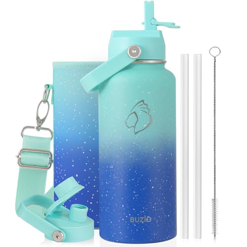 Image of BUZIO Insulated Stainless Steel Water Bottle 32 oz with Straw & Spout Lids