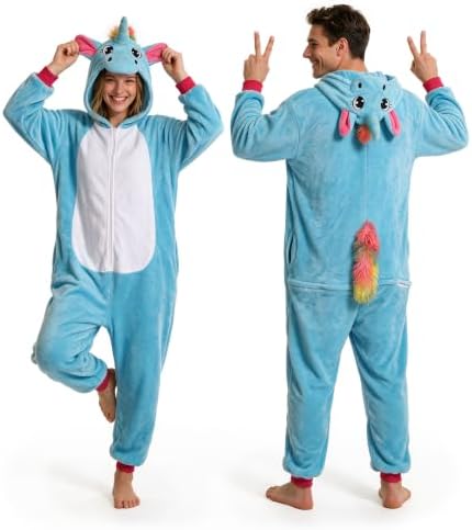 Zoo-Tier Onesie Kostüm für Erwachsene – Halloween Party Pyjama | Warm & kuschelig, Stretchbündchen, Mardi Gras Overall: Frosch Giraffe Dino Panda Pinguin Hai Einhorn Tiger Löwe Kän