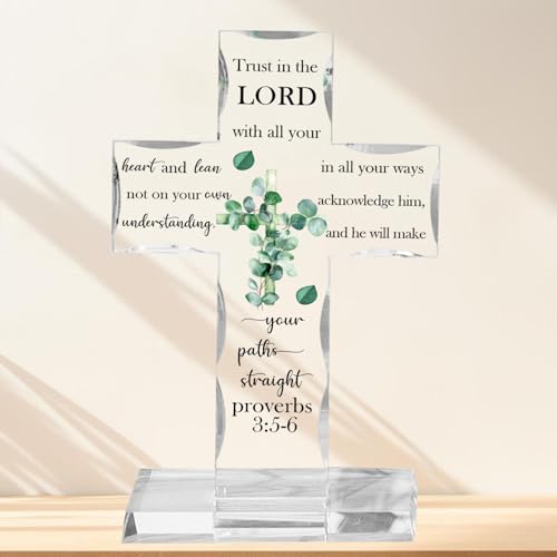 Christian Religious Gifts Acrylic Cross, Inspirational Bible Verse Plaques, Faith Keepsake Paperweights Eucalyptus, Encouragement Presents for Mom Dad Friend Coworker, Home Office Desk Decor