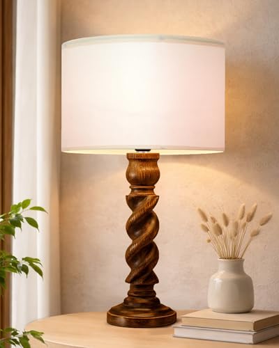 Image of Homesake Classic Twister Wooden Table Lamp with Shade | Handcrafted Bedside Lamp, E27 Holder| Bulb Included |Warm Light Night Lamp, Bedroom, Living Room, Study & Home Decor, KD Off-White Drum