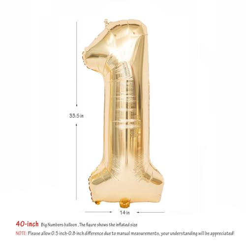 Image of 40 Inch Light Gold 1 Number Balloons Large Champagne Gold Number | White Gold Giant 1 Foil Mylar Helium Digital Balloon for 10th or 10st Anniversary Party Decorations Supplies