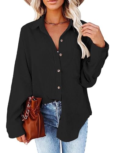 SEMARO Womens Casual Long Sleeve Button Down Shirts Corduroy Oversized Boyfriend Blouse V Neck Loose Jacket Tops