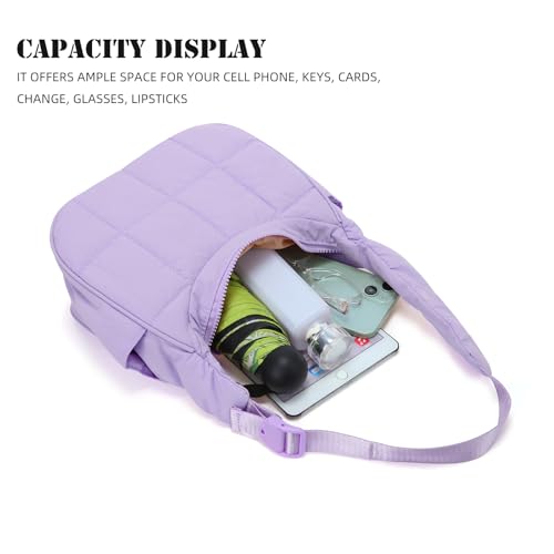 Image of Small Puffer Crescent Underarm Shoulder Bag for Women, Nylon Quilted Purses Handbags with Adjustable Strap, Purple