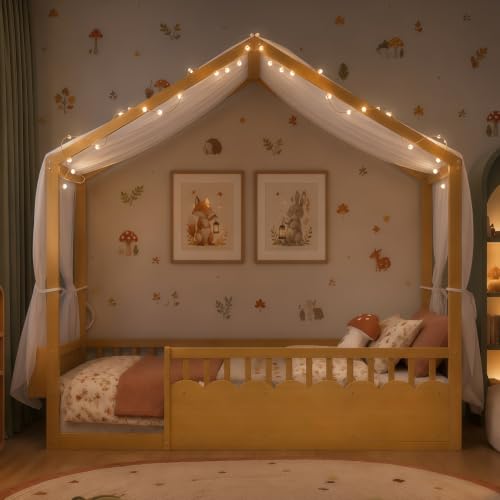 Image of Bellemave Full House BedFrame with Canopy, Montessori House Bed with LED and Bookshelf and Rails for Kids, Natural