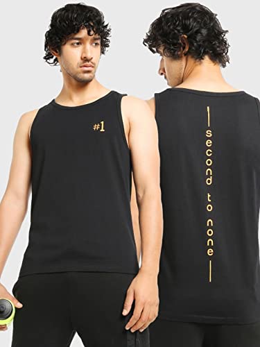 Image of Bewakoof Men's Second to None Typography Black Round Neck Sleeveless Oversized Vest