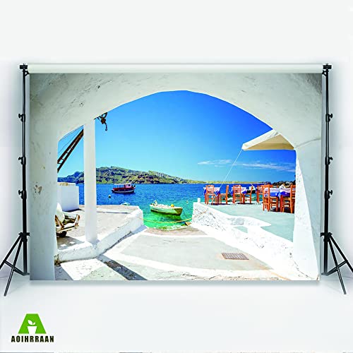 Aoihrraan 2,2x1,5m Santorini Island Backdrop Greece Oia Town Port Mountains Sea Boat Nature Scenery Photography Background Wedding Bridal Shower Decoration Children Adult Portrait Photo Studio Props - Image 3