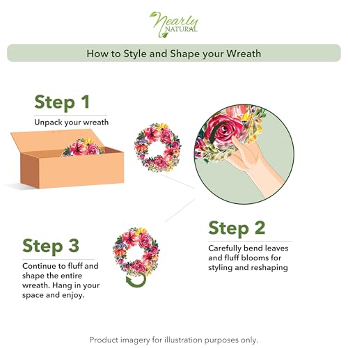 image for Nearly Natural 24in Artificial Peony Wreath Faux Floral Door Wreath fo