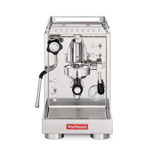 La Pavoni Mini Cellini, Semiprofessionelle Espresso-Kaffeemaschine LPSMCS01EU, Einzelboiler, Dampf- und Heißwasserlanze, 2,9-l-Tank, 58-mm-Filterhalter und 1/2-Tassen-Filter, 1400 W, Edelstahl