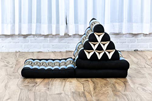 Leewadee Foldout Triangle Thai-Cushion Floor-Seat with Back-Rest TV Pillow Lounge-r Foldable Out-Door Mattress, 67x21x13 inches, Kapok, Blue