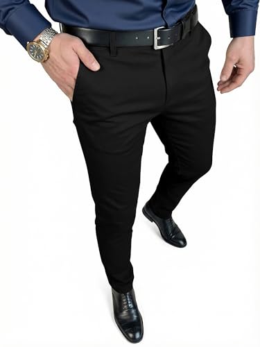 JMIERR Men's Stretch Dress Pants Slim Fit Chino Casual Slacks Expandable Waist Tapered Golf Suit Pant, 30W*30L, Black