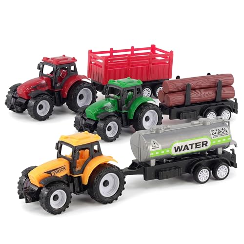 The Magic Toy Shop 3 Piece Farm Tractor & Trailer Toy Set - Durable Plastic Vehicle Playset for Kids Imaginative Farming Play - Great for Indoor & Outdoor Farmyard Fun for Boys & Girls