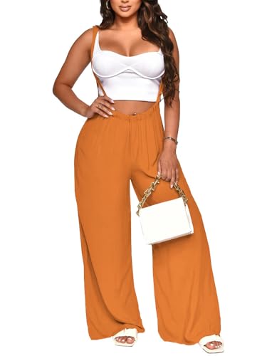 Nimsruc Womens Jumpsuit Casual Loose Sleeveless Adjustable Spaghetti Straps Wide Leg Pants Baggy Overalls With Pockets OrangeD M