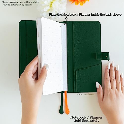 Image of NEORAH- PETITE Notebook SLEEVE with SNAP Button -[SLEEVE ONLY]|Vegan Leather|Office Diary Holder with Penloop|2 Front & 1 Back Pocket|4 Card Slots|2 BookMarks -Fits any PETITE Softcover - DARK GREEN