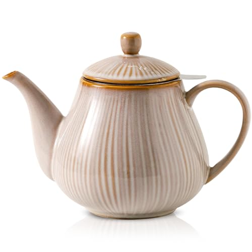 Image of HVH 40 oz Porcelain Teapot with Stainless Steel Infuser, Ceramic Tea pot with Infuser for Loose Tea, Enough For 6 Cups, Striped Series (Sand Color)