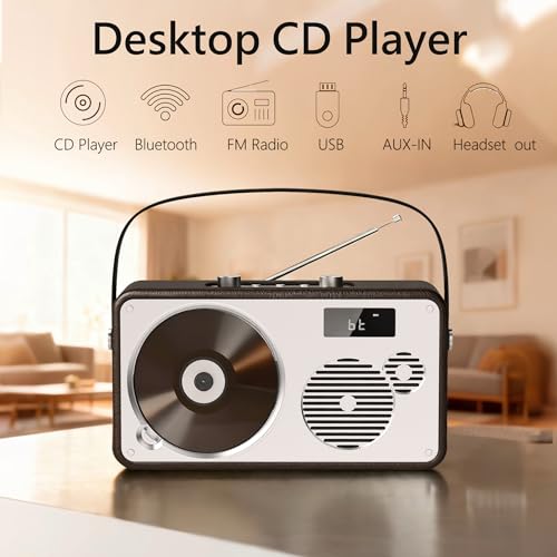 Image of Home CD Player Portable | Premium HiFi CD Stereo System | Retro Leather Bluetooth Speaker | FM Radio /USB /AUX | Rechargable Battery, DSP Clear and Rich Sounds, Remote Control (LP-103)