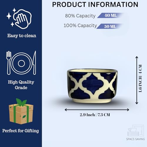 Image of Designer Ceramic Dip Bowls Set | Navy Blue Moroccan Pattern Serving Bowls for Condiments, Snacks & Dips | 6 Pieces, 40 ml