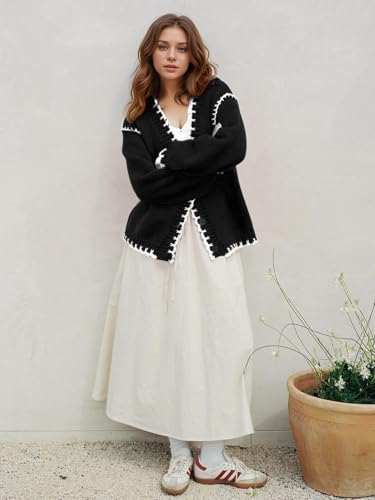 Image of YKR Chunky Knit Cardigan for Women Open Front Contrast Trim Sweaters Button Down Long Sleeve V-Neck Outerwear Coats