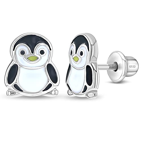 925 Sterling Silver Black Enamel Penguin Screw Back Earrings For Toddlers & Little Girls - Fun Penguin Earrings For Young Girls Birthday - Colorful & Fun Animal Earrings For Young Girls - Main Image