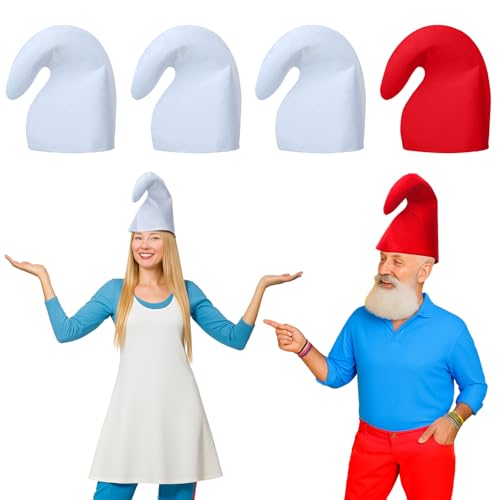 Yahenda 4 Pcs Dwarf Gnome Elf Costume Hats Storybook Character Costumes Halloween Elf Cosplay Accessories White and Red Gnome Hat for Halloween Party Dress up