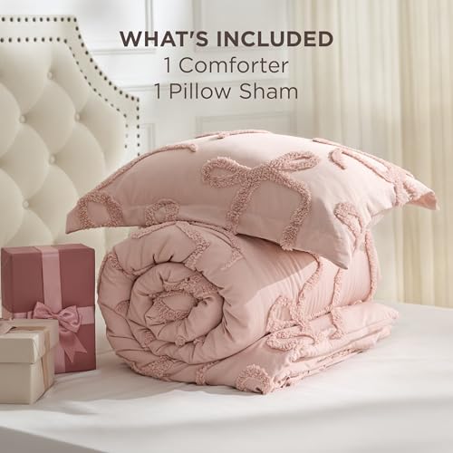Image of Bedsure Tufted Rose Pink Twin /Twin XL Comforter, GentleSoft 2 Pieces Bow Cute Bedding Pink Room Decor, Gifts for Girls Teens Women, All Seasons, 1 Bed Comforter, 1 Pillow Shams, 68x88 Inches
