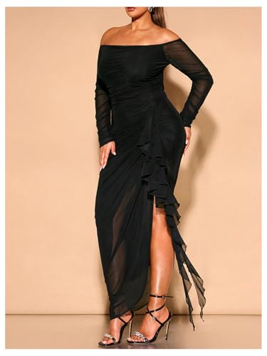 Floerns Women's Plus Size Off Shoulder Dress Mesh Long Sleeve Ruffle Trim Bodycon Maxi Dresses4