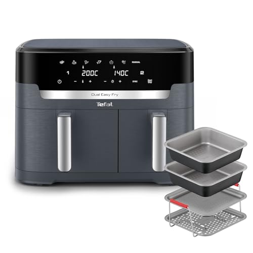 Image of Tefal Easy Fry XXL Dual Zone Digital Air Fryer, 2 Drawers, 11L, Java Grey - EY942BG0 + Tefal Air Fryer Accessory Set, 4 Piece, J701S444 - Black