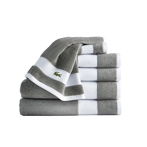 Lacoste Sport Stripe 6-Piece Luxury Cotton Towel Set Made with 100% Soft Supima Cotton Absorbent & Quick-Drying Includes 2 Bath Towels 2 Hand Towels 2 Washcloths Meteorite