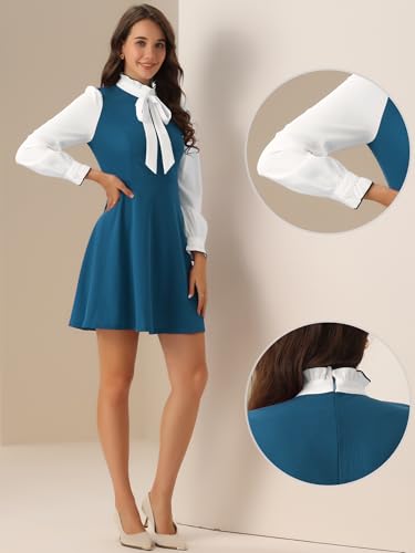 Image of Allegra K Tie Neck Dresses for Women's 1960s Vintage Long Sleeve Contrast Color Dress