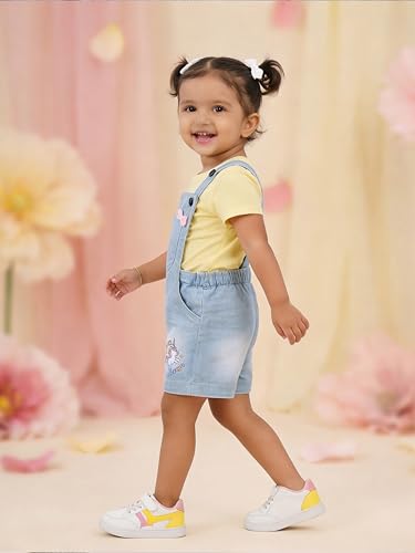 Image of KiddoPanti Unisex Infant Denim Dungaree | Cotton Blend Stretch | Baby Jumpsuit Witth Pockets | Comfortable Casual Outfit for Boys & Girls 6 Months-3 Years