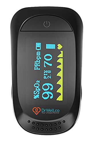 DR.WELL.CO digital Pulse Oximeter Fingertip, OLED High Definition Screen, Oxygen Saturation Monitor, Heart Rate and SpO2 Levels Meter with Alarm Function [MedNet Germany], Black