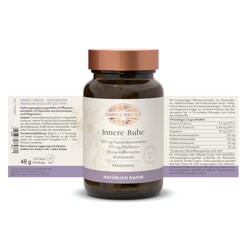 Innere Ruhe Tabletten, spezieller Wirkstoffkomplex mit Passionsblume & Weißdorn-Extrakt (120 Stk) 100% natürliche Herstellung Deutschland, Erschöpfung Unruhe Beruhigung Entspannung BÄRBEL DREXEL®